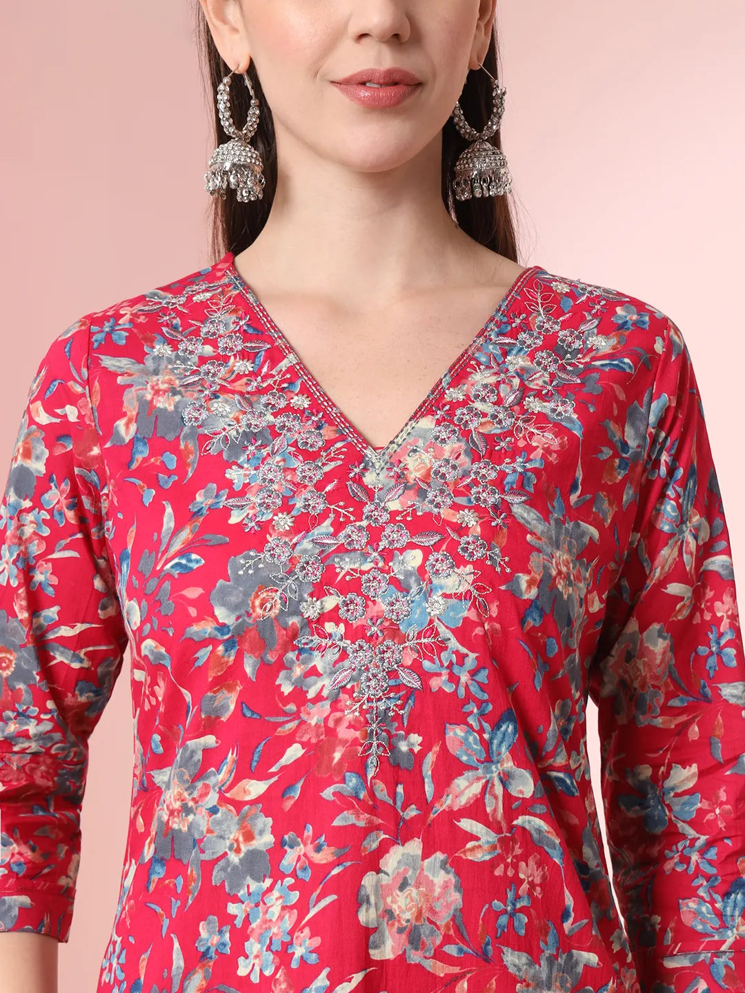 Yufta Pink Pure Cotton Thread_Work Straight Kurta Dupatta Pant Set | Grocsy