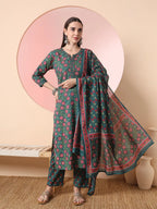 Yufta Green Floral Embroidered Kurta with Trousers with dupatta Set | Grocsy