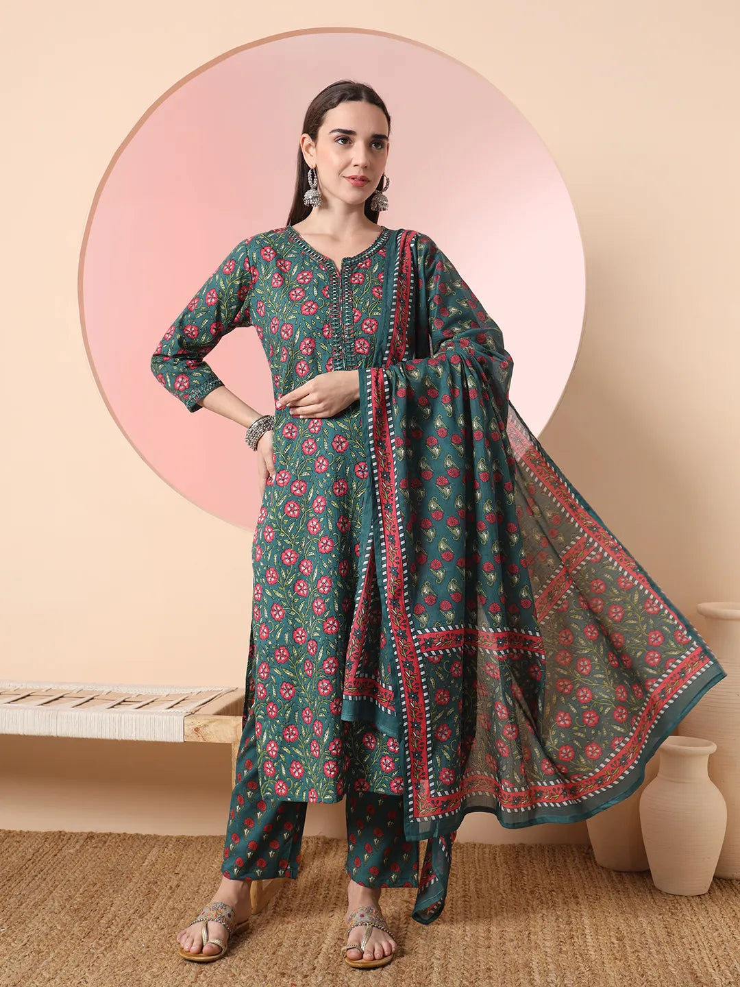 Yufta Green Floral Embroidered Kurta with Trousers with dupatta Set | Grocsy
