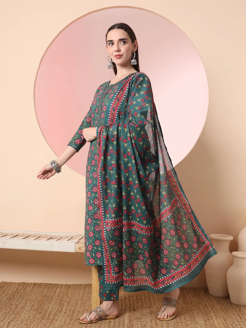 Yufta Green Floral Embroidered Kurta with Trousers with dupatta Set | Grocsy