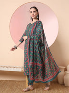 Yufta Green Floral Embroidered Kurta with Trousers with dupatta Set | Grocsy