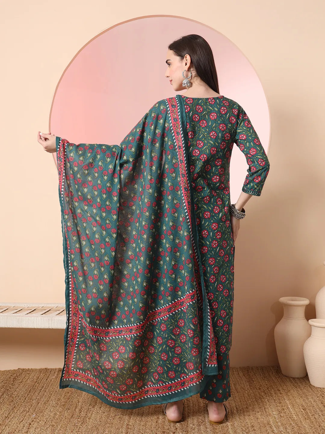 Yufta Green Floral Embroidered Kurta with Trousers with dupatta Set | Grocsy