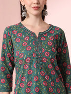 Yufta Green Floral Embroidered Kurta with Trousers with dupatta Set | Grocsy