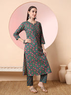 Yufta Green Floral Embroidered Kurta with Trousers with dupatta Set | Grocsy