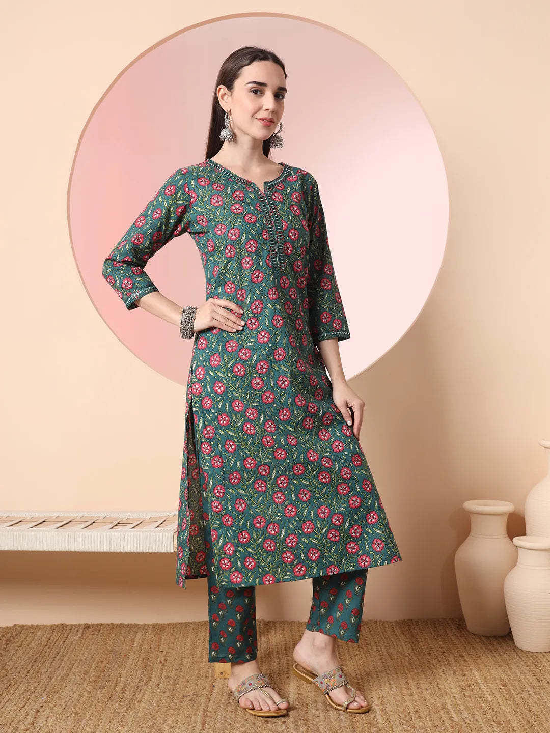 Yufta Green Floral Embroidered Kurta with Trousers with dupatta Set | Grocsy
