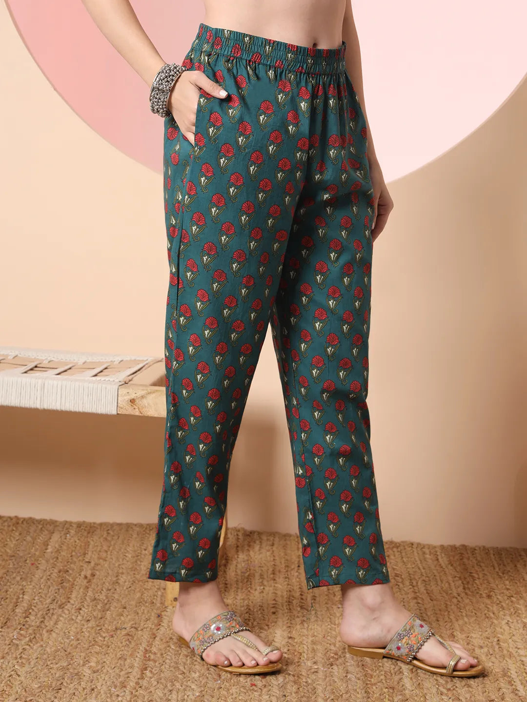 Yufta Green Floral Embroidered Kurta with Trousers with dupatta Set | Grocsy