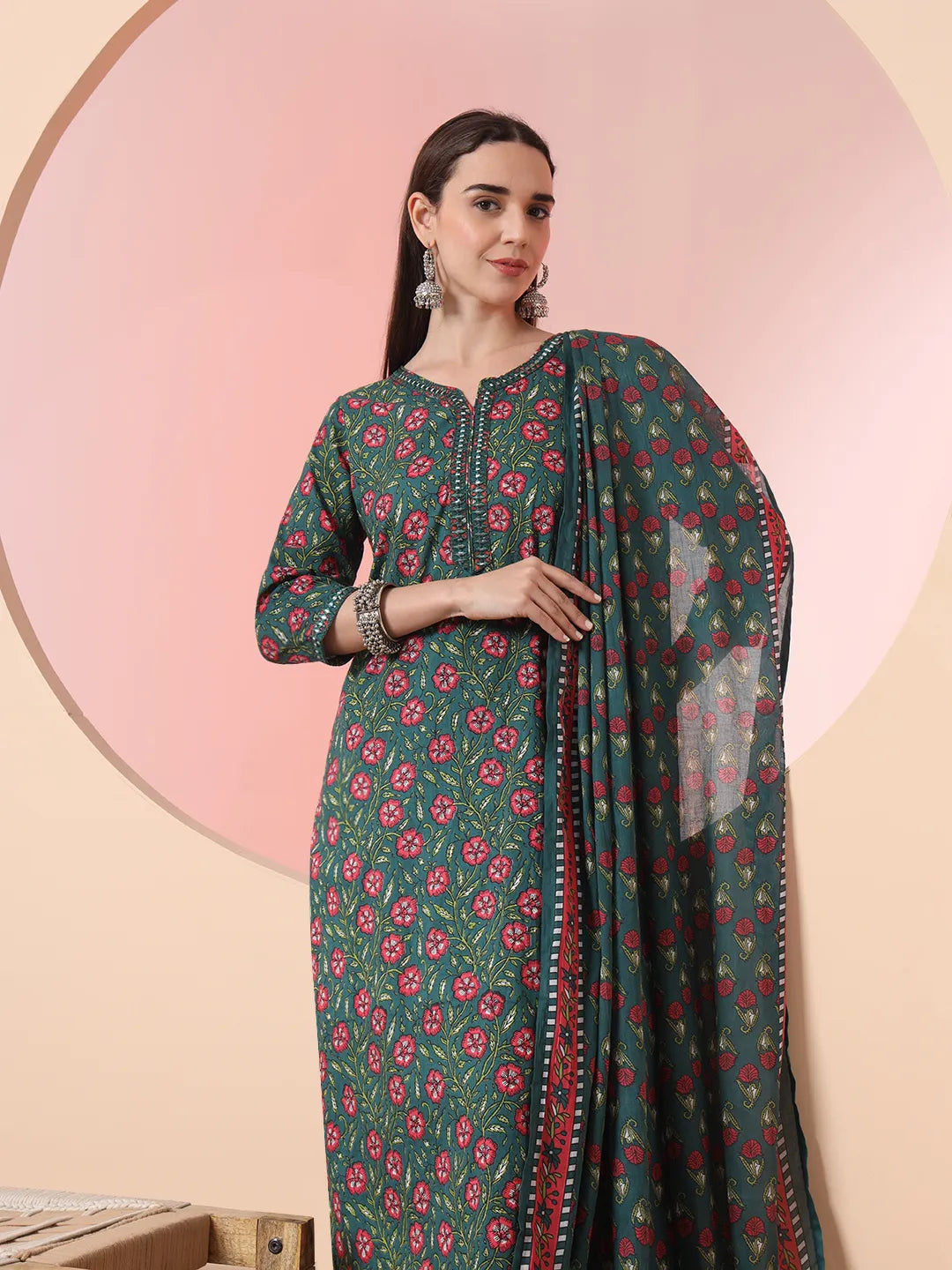 Yufta Green Floral Embroidered Kurta with Trousers with dupatta Set | Grocsy