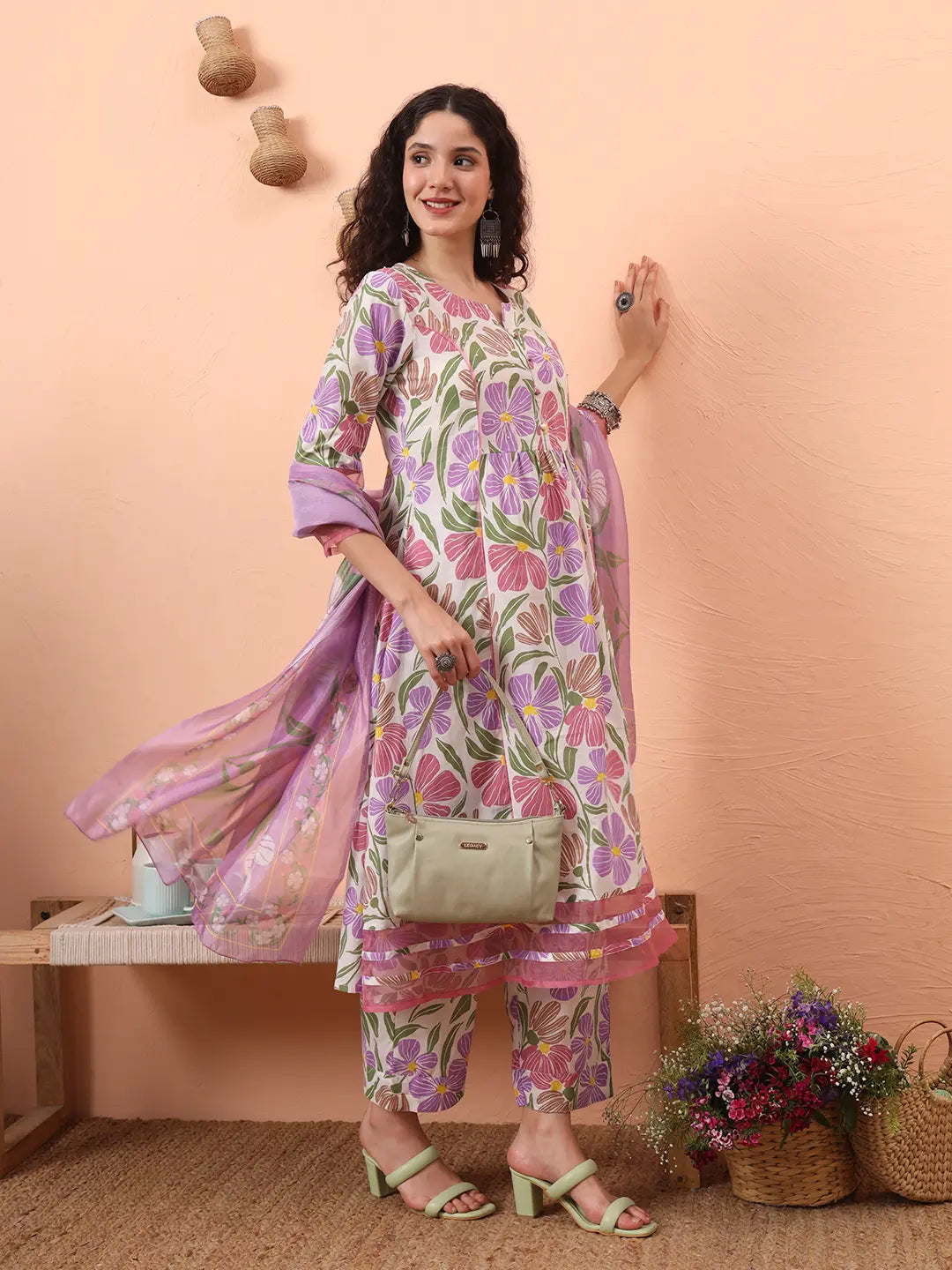Yufta White And Purple Floral Sequins Work Aline Kurta Trouser Dupatta Set | Grocsy