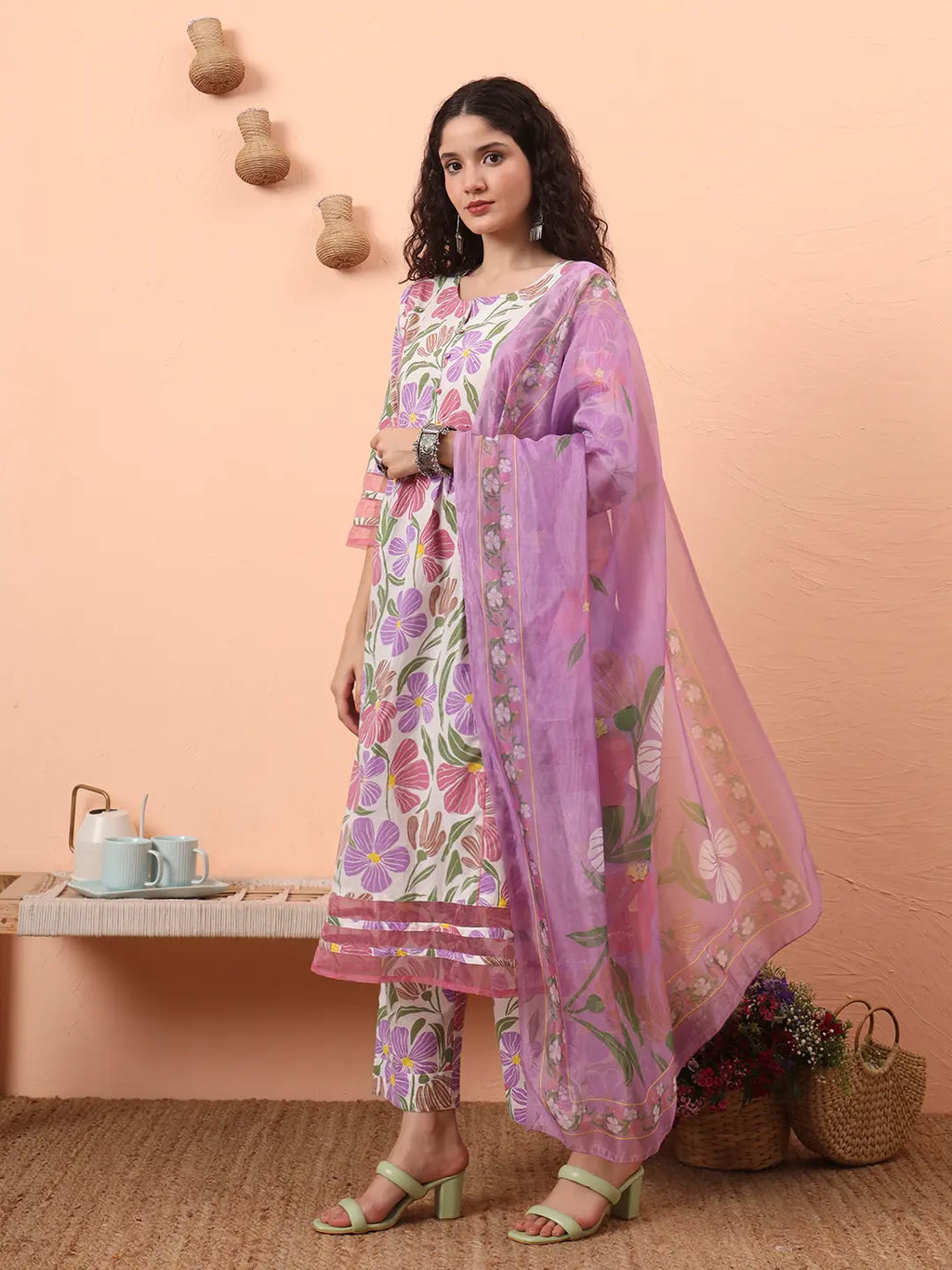 Yufta White And Purple Floral Sequins Work Aline Kurta Trouser Dupatta Set | Grocsy