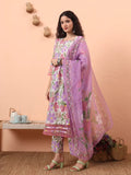 Yufta White And Purple Floral Sequins Work Aline Kurta Trouser Dupatta Set | Grocsy