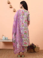 Yufta White And Purple Floral Sequins Work Aline Kurta Trouser Dupatta Set | Grocsy