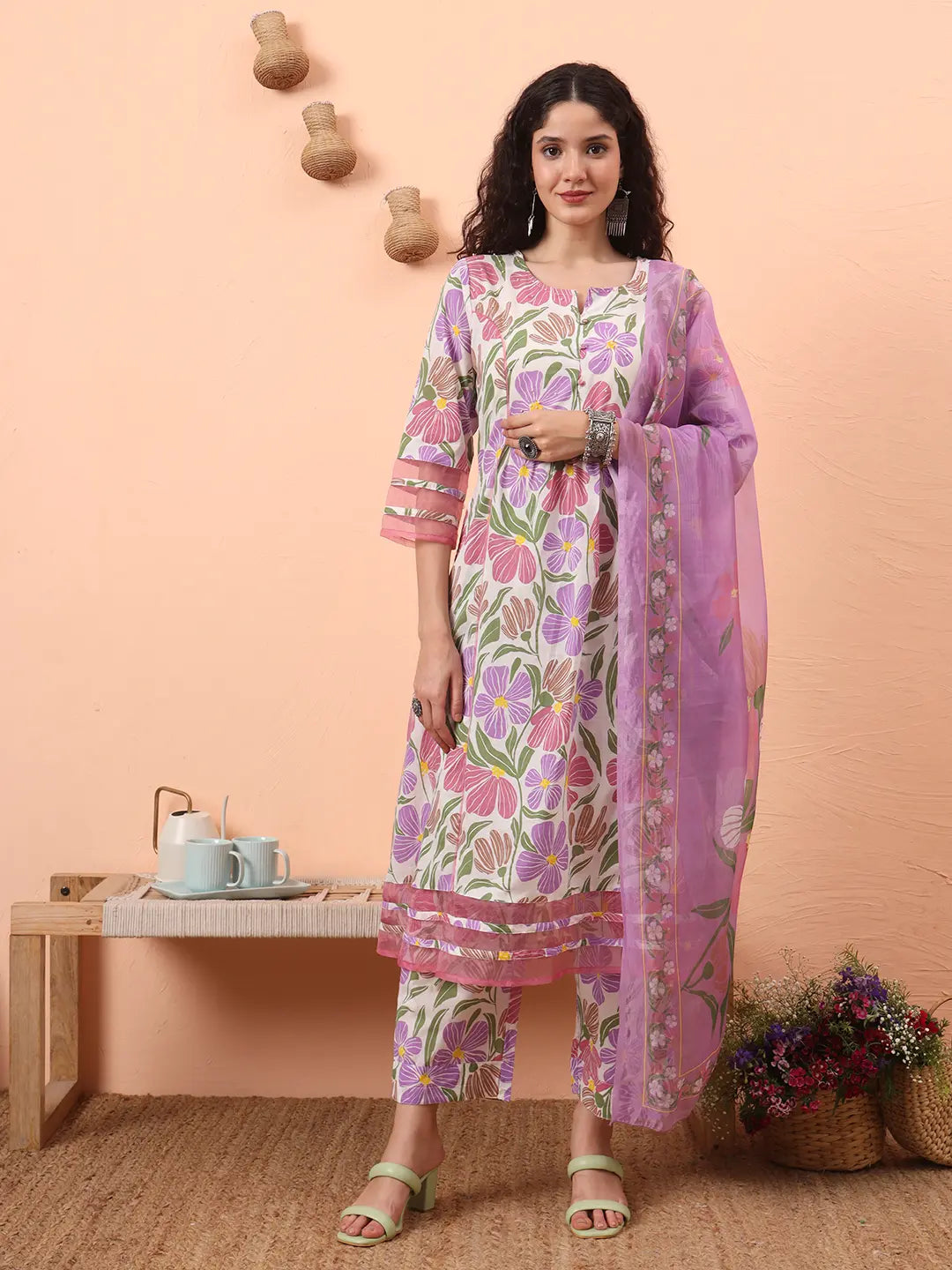Yufta White And Purple Floral Sequins Work Aline Kurta Trouser Dupatta Set | Grocsy