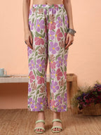 Yufta White And Purple Floral Sequins Work Aline Kurta Trouser Dupatta Set | Grocsy