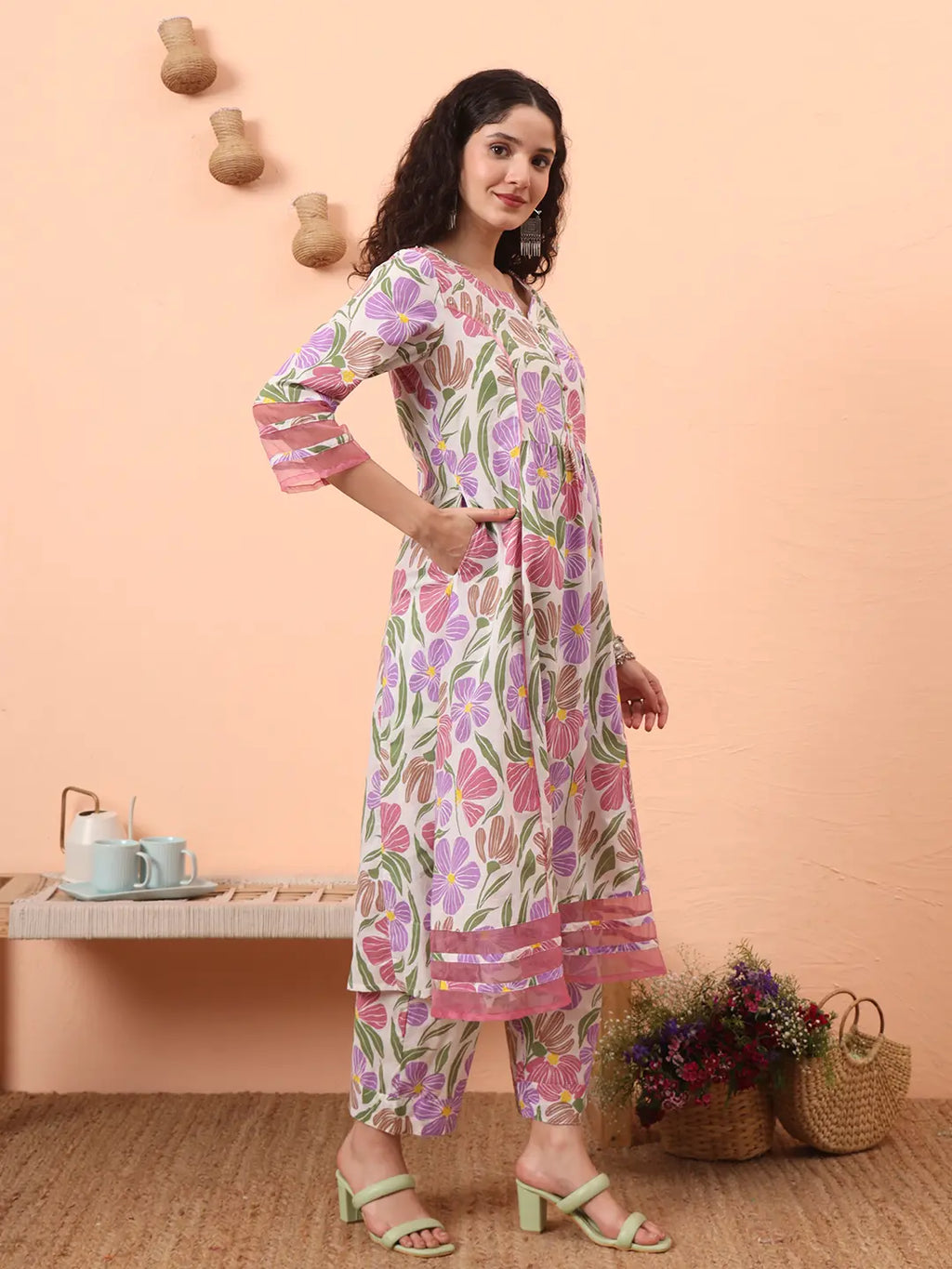 Yufta White And Purple Floral Sequins Work Aline Kurta Trouser Dupatta Set | Grocsy