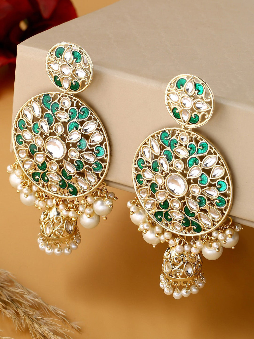 Shoshaa Green & Gold-Polished Kundan Studded Contemporary Jhumkas Earrings | Grocsy
