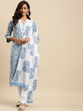 Sangria Blue Ethnic Motif Printed Pure-Cotton Straight Kurta With Trouser & Dupatta | Grocsy
