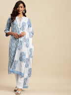 Sangria Blue Ethnic Motif Printed Pure-Cotton Straight Kurta With Trouser & Dupatta | Grocsy