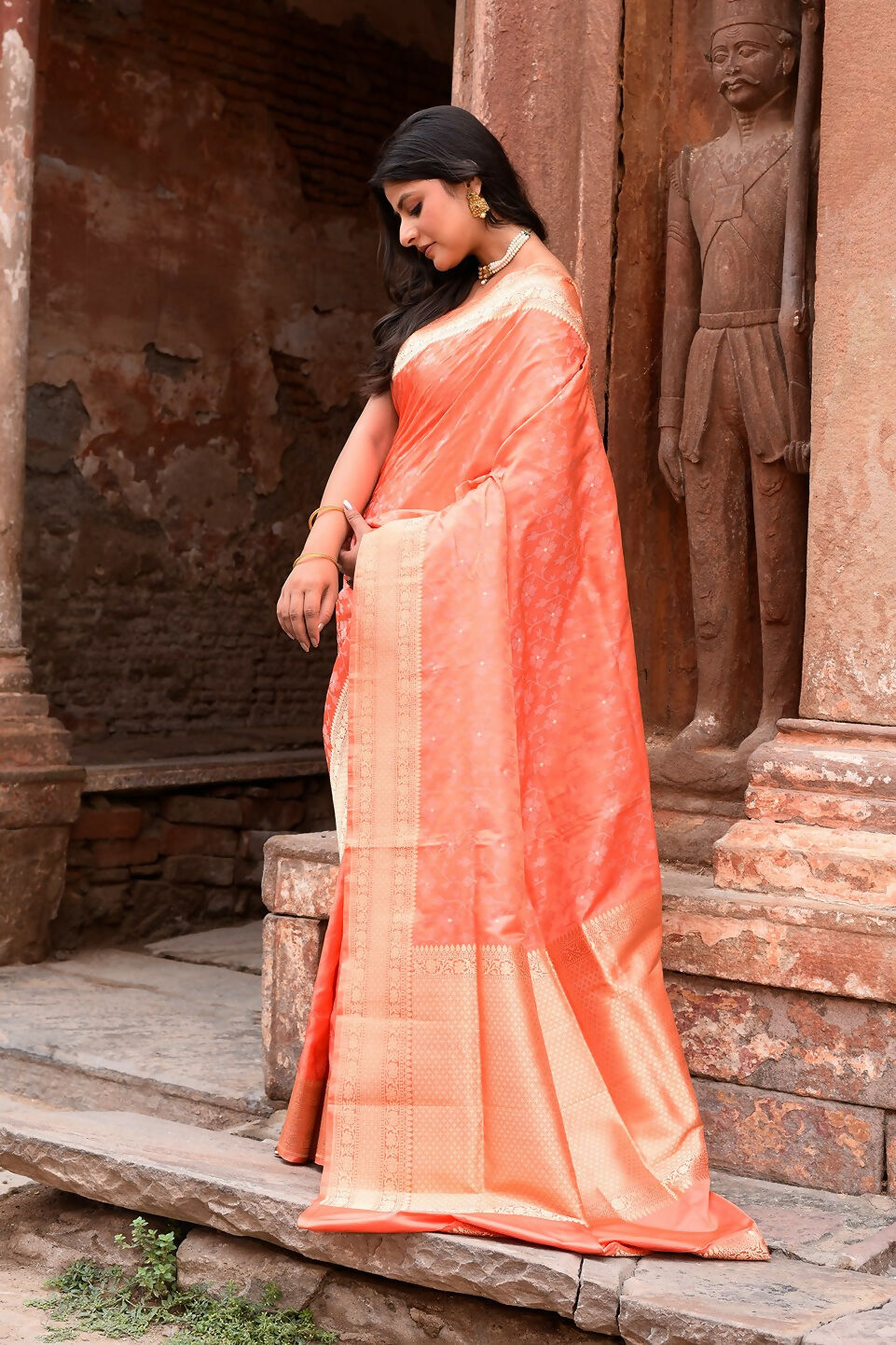 Joban Fashion Peach Banarasi Katan Pure Handloom Banarasi Silk Saree | Grocsy