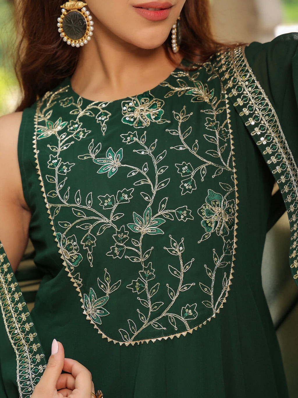 Janasya Dark Green Georgette Embroidered Dress & Jacket | Grocsy
