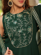 Janasya Dark Green Georgette Embroidered Dress & Jacket | Grocsy