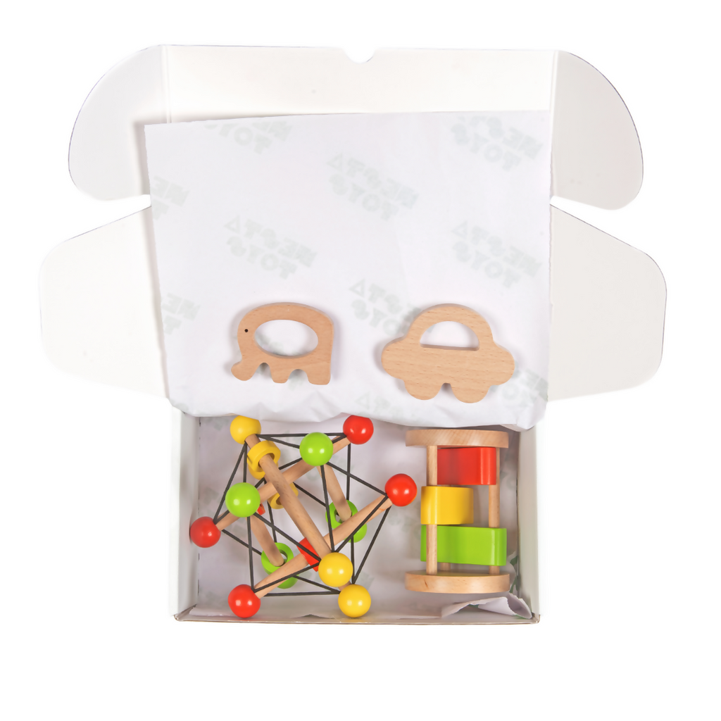 Nesta Toys Newborn Gift Set - Wooden Skwish Rattle, Clacker Rattle, Elephant & Car Teether | Grocsy