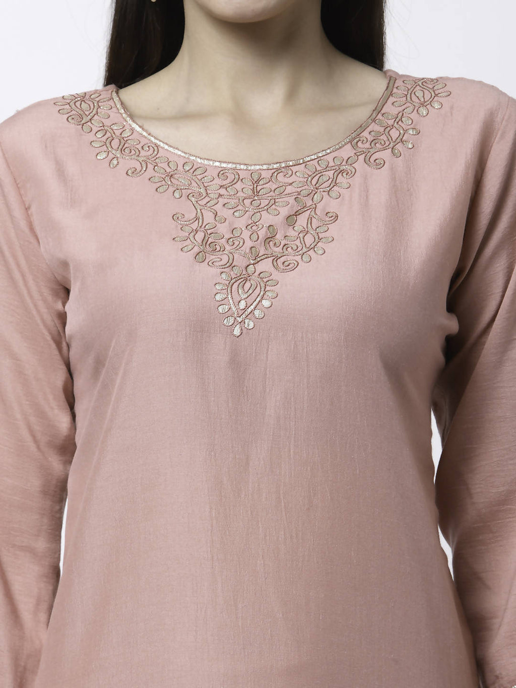 Myshka Women Peach Silk Blend Embroidered 3/4 Sleeve Round Neck Kurta Pant Dupatta Set | Grocsy