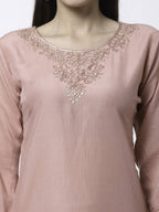 Myshka Women Peach Silk Blend Embroidered 3/4 Sleeve Round Neck Kurta Pant Dupatta Set | Grocsy
