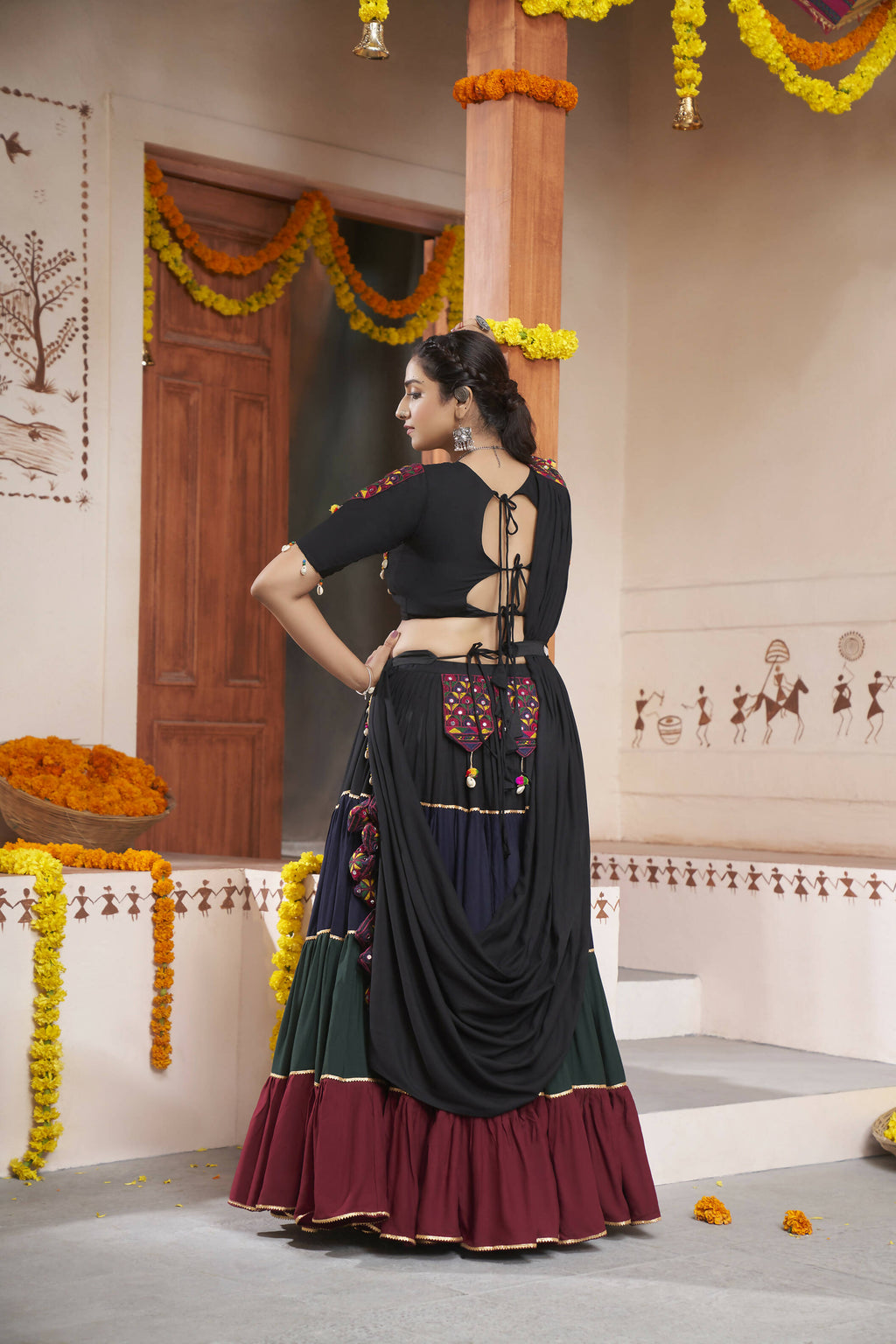Multi Color Viscose Rayon Thread Embroidery with mirror work Navratri Lehenga Choli with Dupatta - Raas | Grocsy