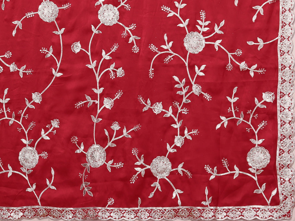 Red Pure Satin Embroidered Saree With Stitched Blouse - Nimaya Kaksha | Grocsy