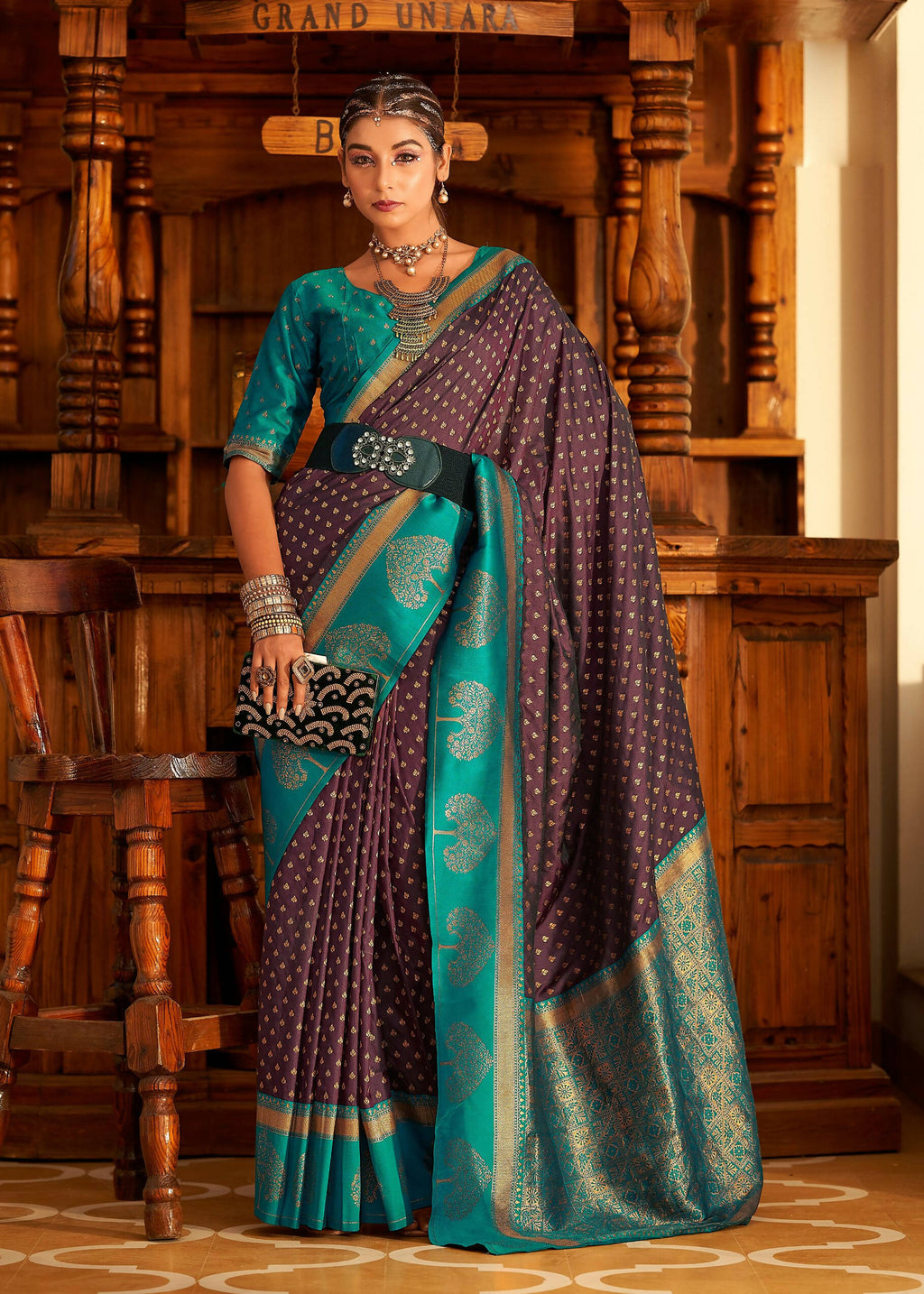 Wine Soft Banarasi Paithani Copper Zari Weaving Saree With Unstitched Blouse Piece - Jodha | Grocsy