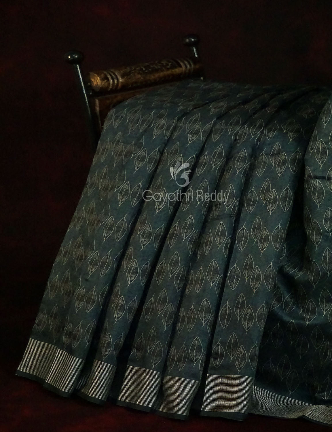 Grey Mixed Indigo Blue Colour Block Print Semi Chanderi Saree By Gayathri Reddy Designer Studio | Grocsy