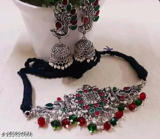 Tehzeeb Creations Women's Oxidised Multi Colour Meenakari Necklace Set | Grocsy
