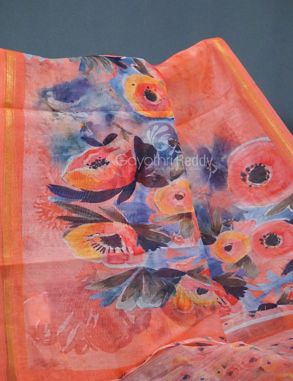 Shades of Tomato Pink Floral Print Semi Chanderi Saree By Gayathri Reddy Designer Studio | Grocsy