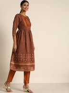 All About You Women Rust Floral Printed Empire Kurta with Trousers | Grocsy