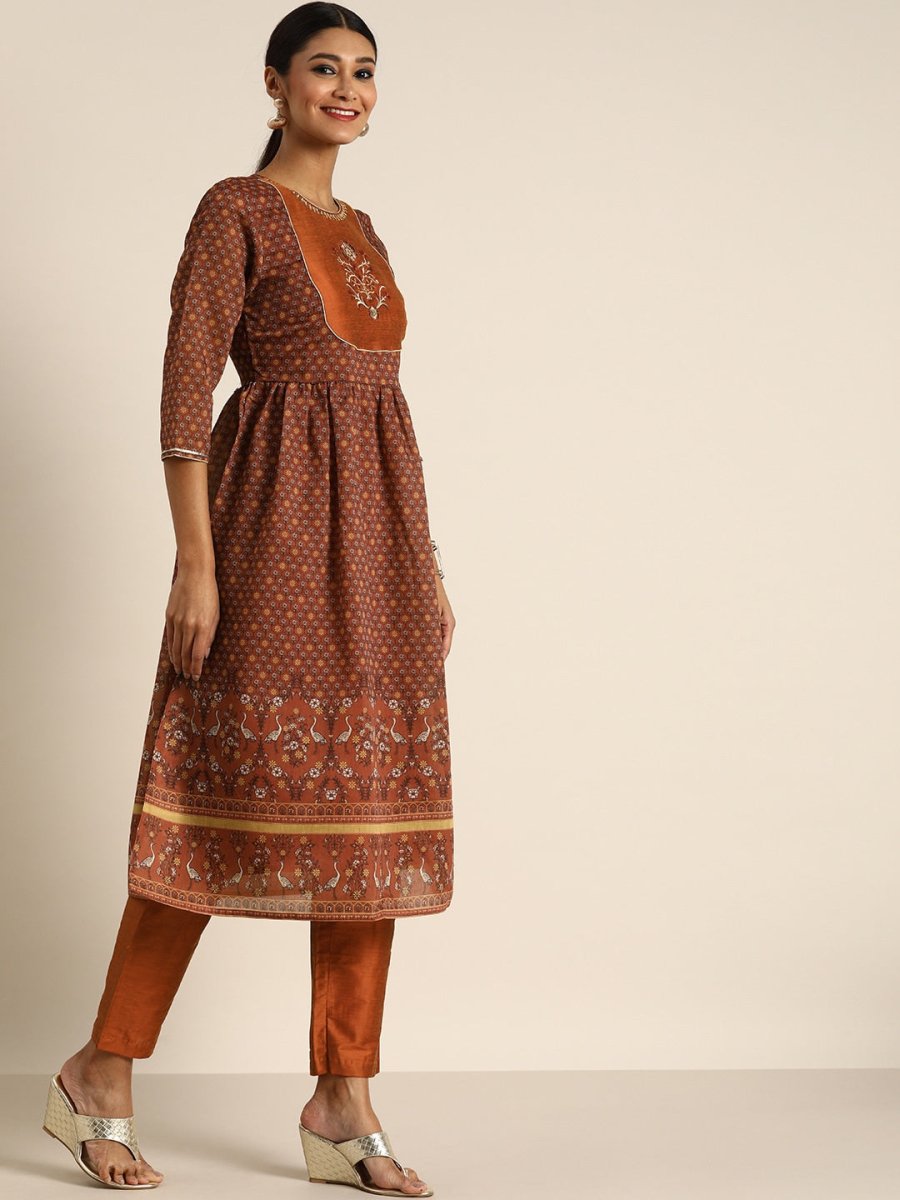 All About You Women Rust Floral Printed Empire Kurta with Trousers | Grocsy