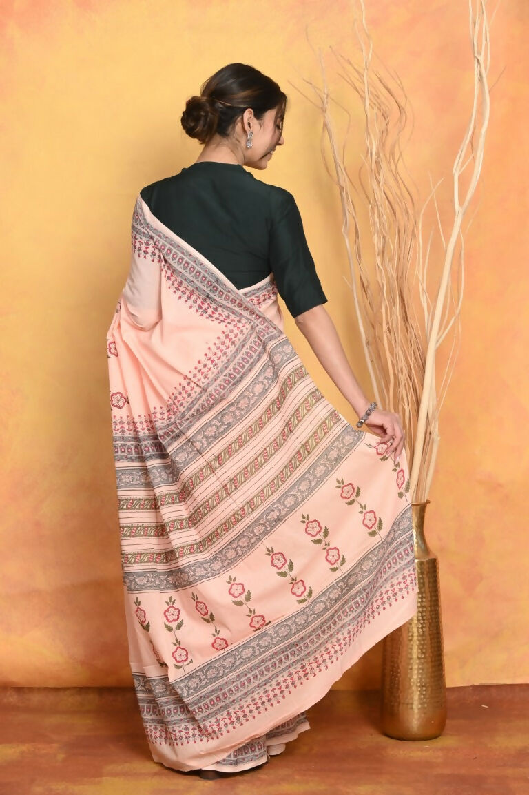 Very Much Indian Handblock Printed Cotton Saree With Natural Dyes - Peach | Grocsy
