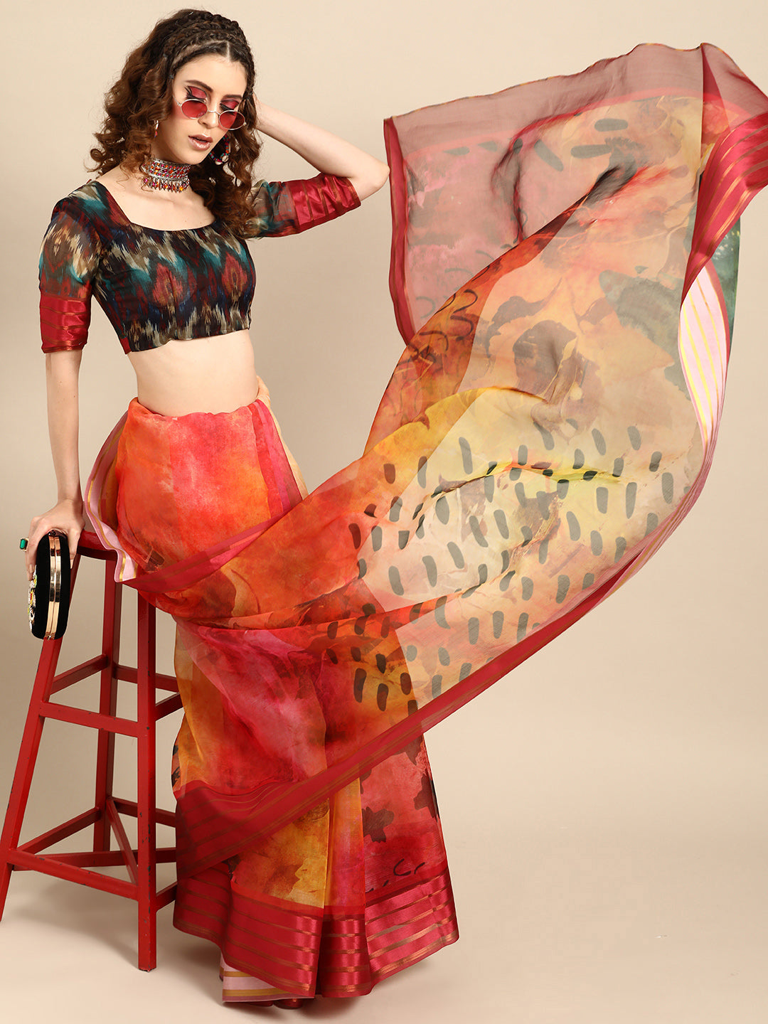 Saree Mall Red & Black Organza Printed Saree | Grocsy