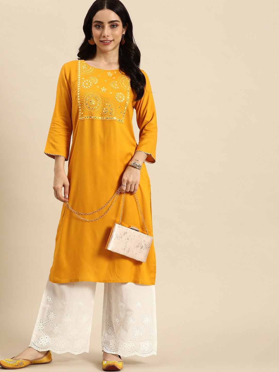 Sangria Women Ethnic Motifs Yoke Design Mirror Work Kurta | Grocsy