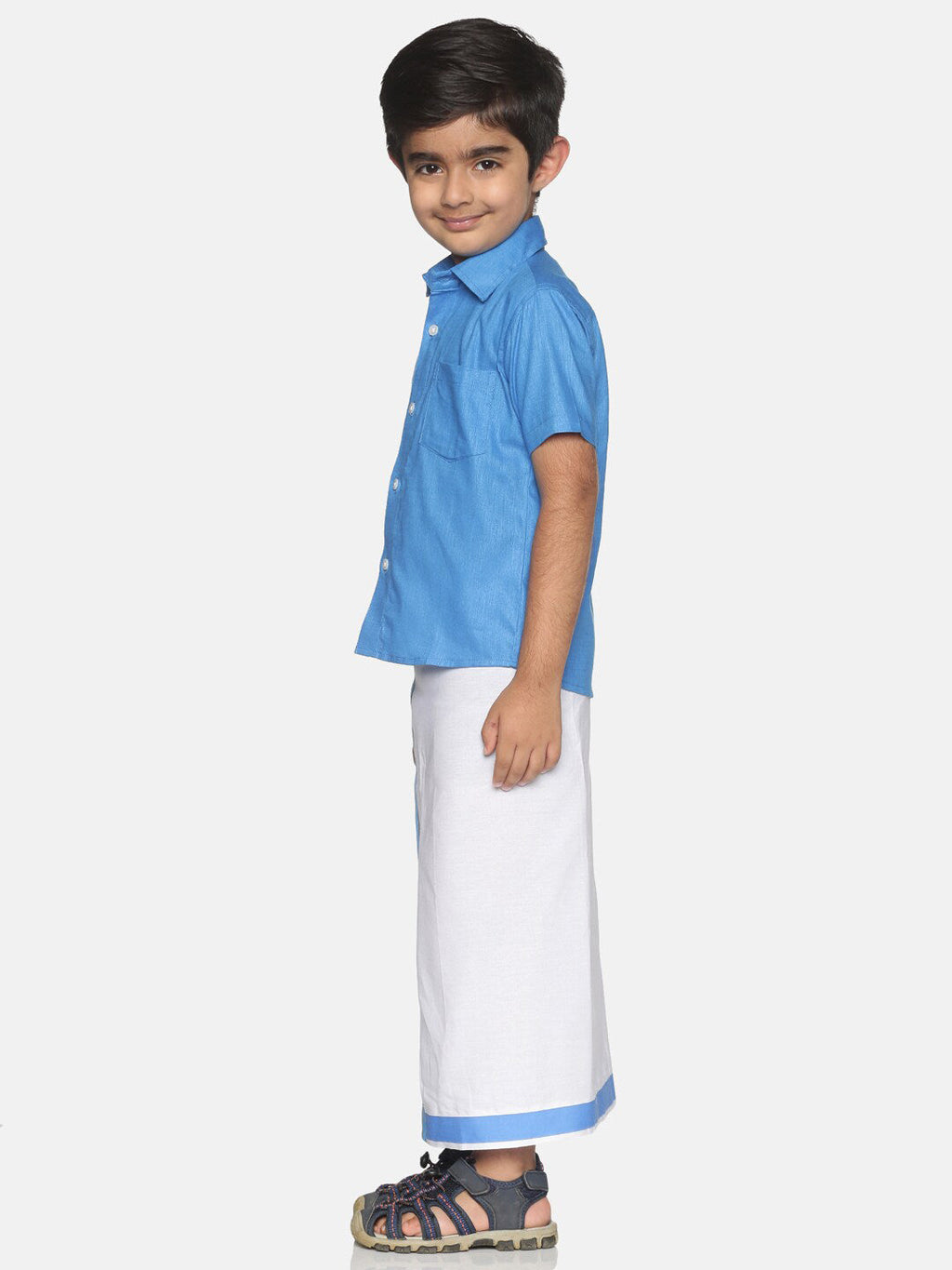 Sethukrishna Boys Blue & White Solid Shirt and Veshti Set | Grocsy