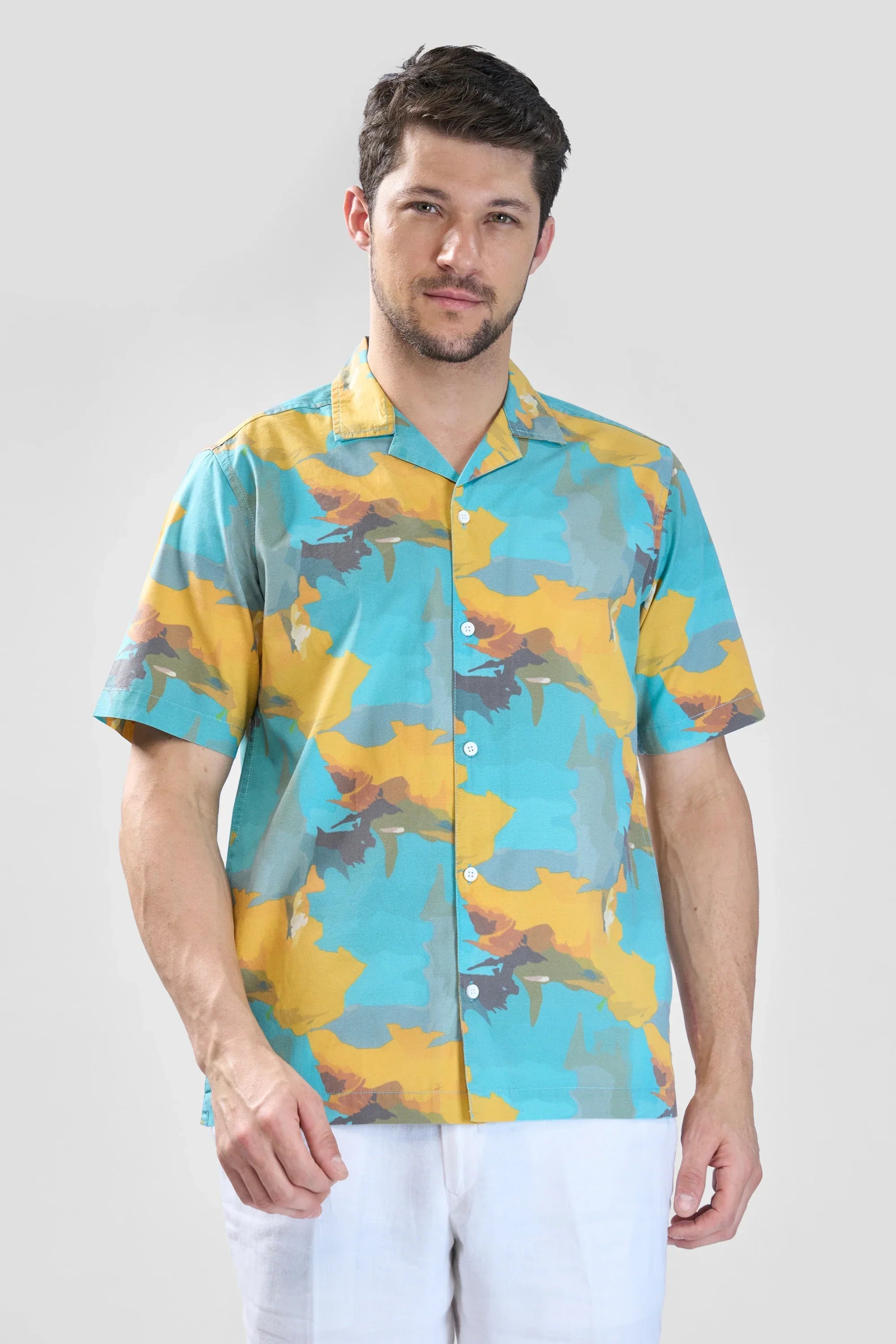 Xkind Teal Blue Abstract Printed Relaxed Fit Shirt | Grocsy