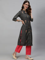 Aks Floral Embroidered Mandarin Collar Thread Work Detailed Straight Kurta with Trousers | Grocsy