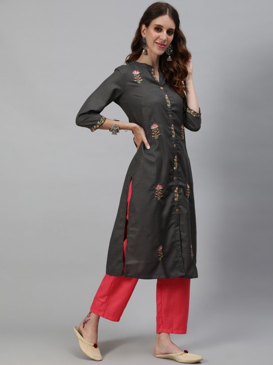 Aks Floral Embroidered Mandarin Collar Thread Work Detailed Straight Kurta with Trousers | Grocsy