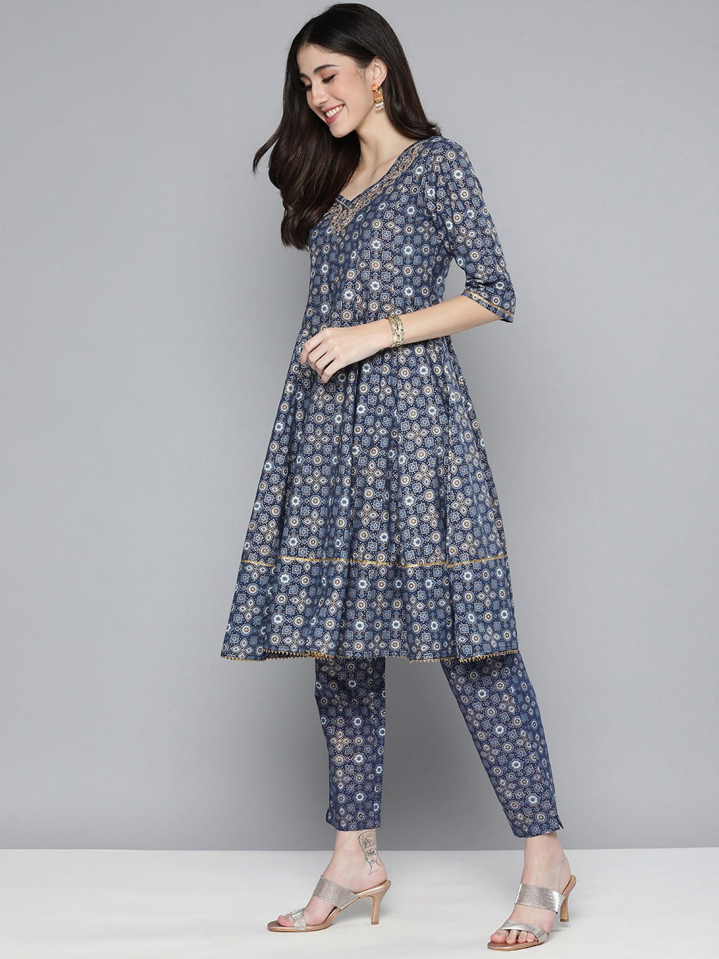 HERE&NOW Ethnic Embroidered & Printed Pure Cotton Anarkali Kurta with Trousers & Dupatta | Grocsy