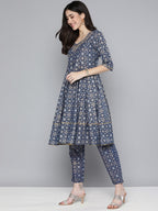 HERE&NOW Ethnic Embroidered & Printed Pure Cotton Anarkali Kurta with Trousers & Dupatta | Grocsy