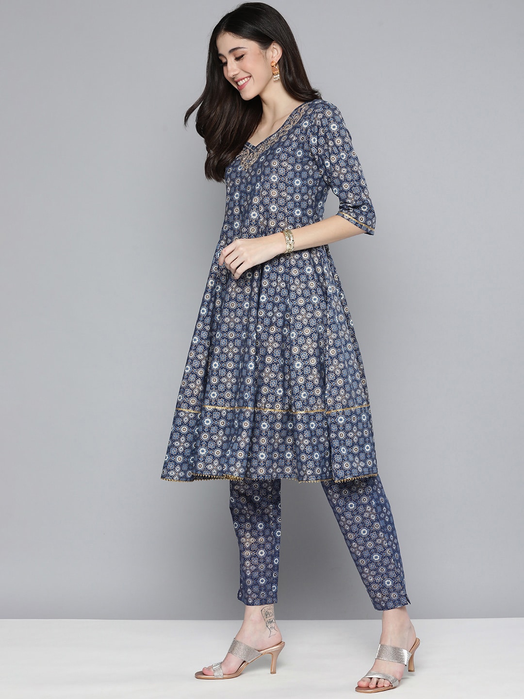 HERE&NOW Ethnic Embroidered & Printed Pure Cotton Anarkali Kurta with Trousers & Dupatta | Grocsy