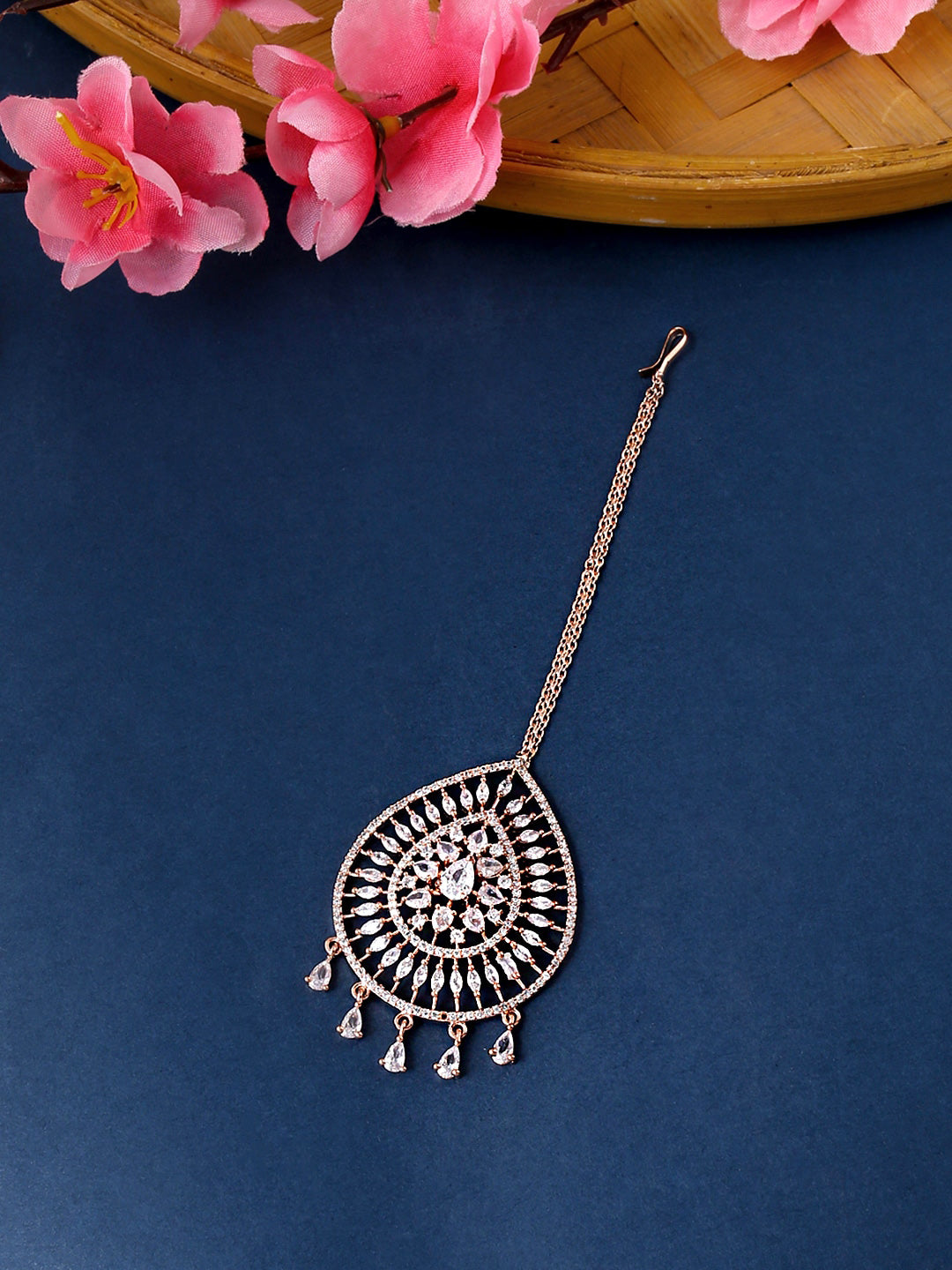 Yellow Chimes Rose Gold-Polished Ad Stone-Studded Maang Tikka | Grocsy