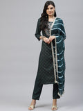 HERE&NOW Women Green Embroidered Straight Kurta with Trousers & With Dupatta | Grocsy
