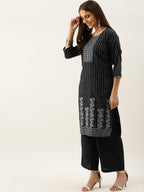 All About You Women Black & Grey Striped Keyhole Neck Kurta with Palazzos & Dupatta | Grocsy