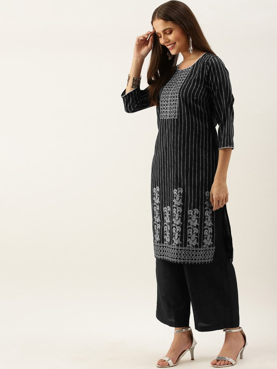All About You Women Black & Grey Striped Keyhole Neck Kurta with Palazzos & Dupatta | Grocsy