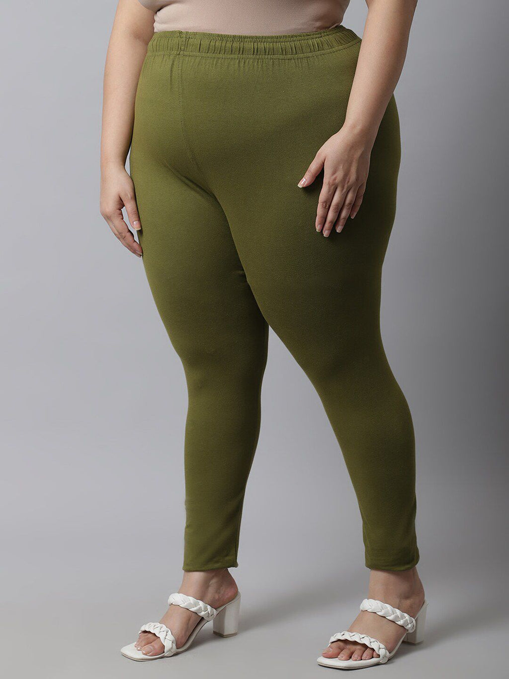 TAG 7 Women Plus Size Olive Green Solid Ankle-Length Plus Size Leggings | Grocsy